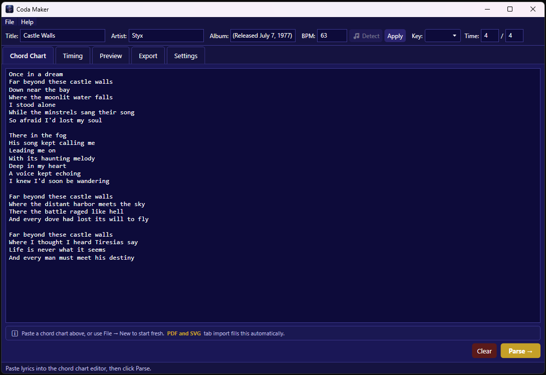 Chord chart editor with auto-parse
