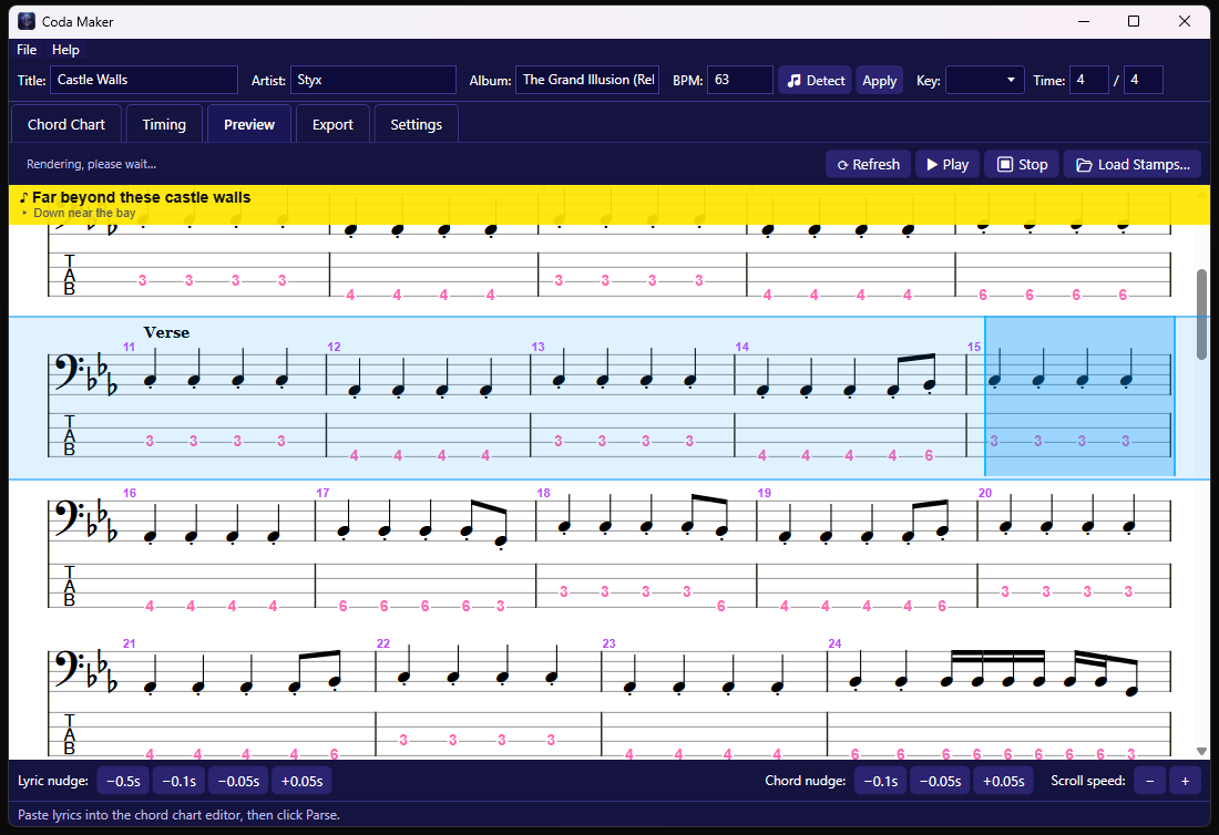Live bass tab preview with section labels