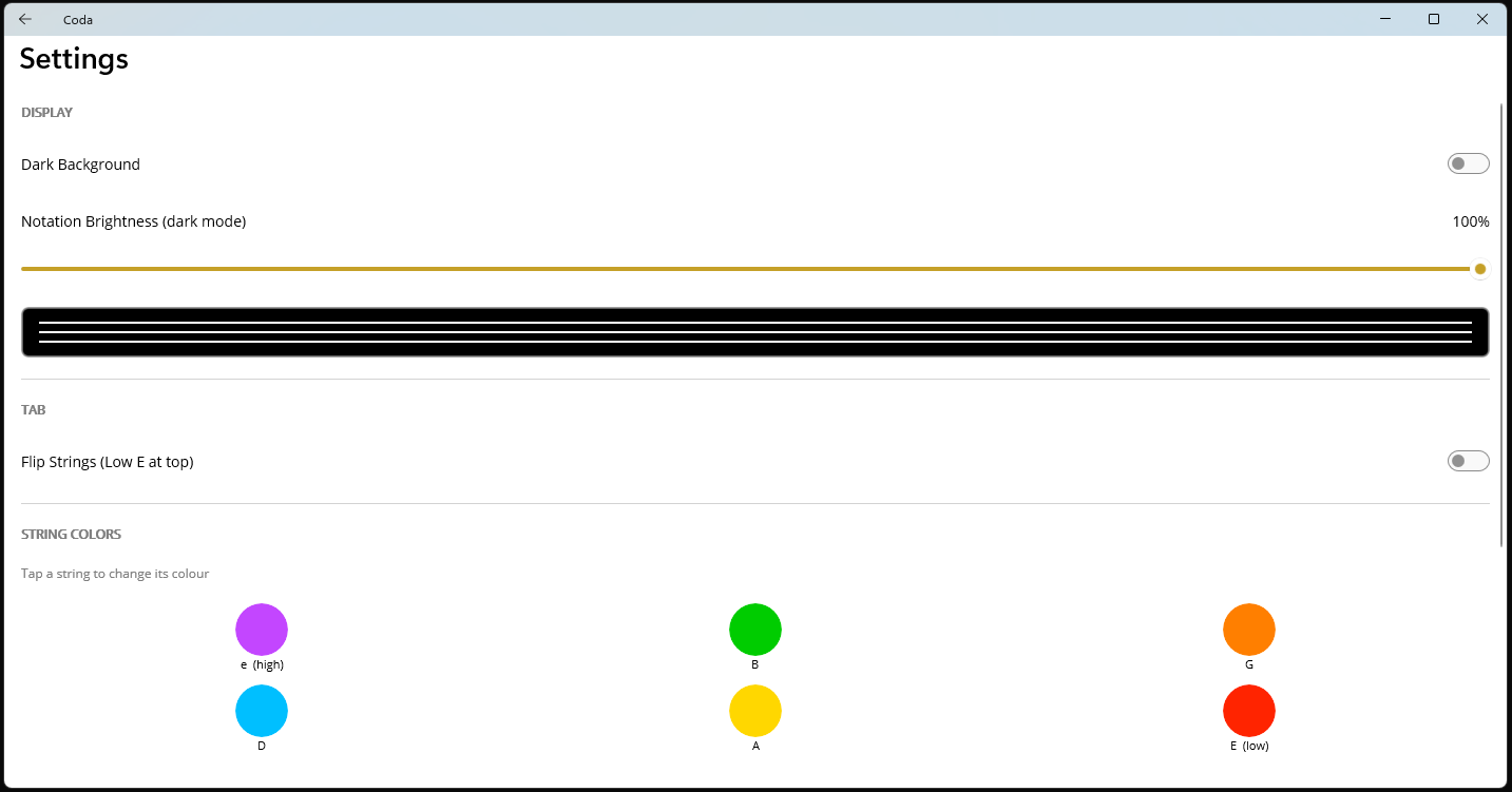 Settings — string colours, dark mode, flip