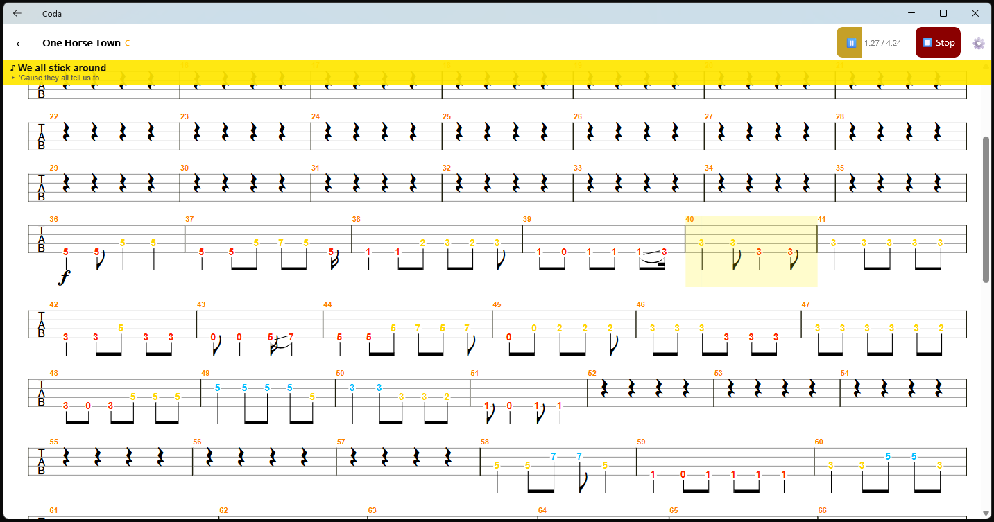 Coda Guitar Tabs playing One Horse Town with live lyrics and auto-scroll