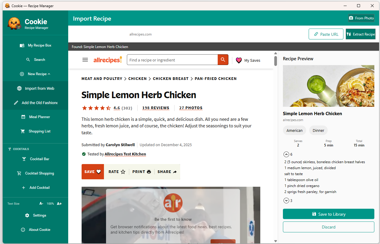 Import — paste any recipe URL and save in seconds