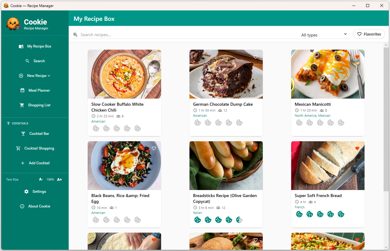 Recipe library — filter by type or mark favourites
