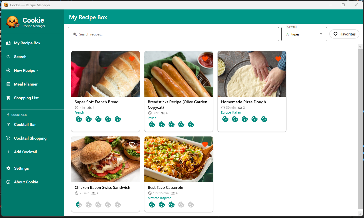 Cookie Recipe Box showing the recipe library with food photos