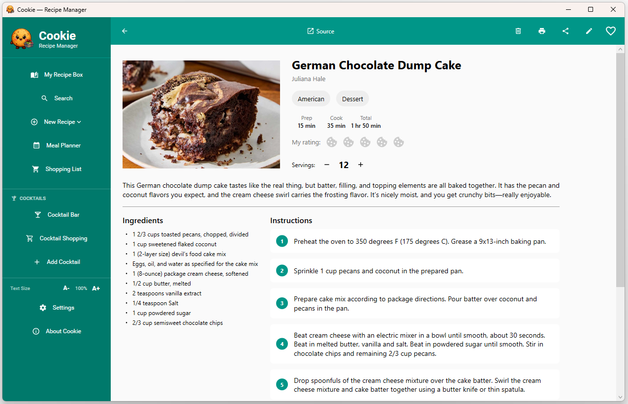 Recipe detail — ingredients, steps, and AI description