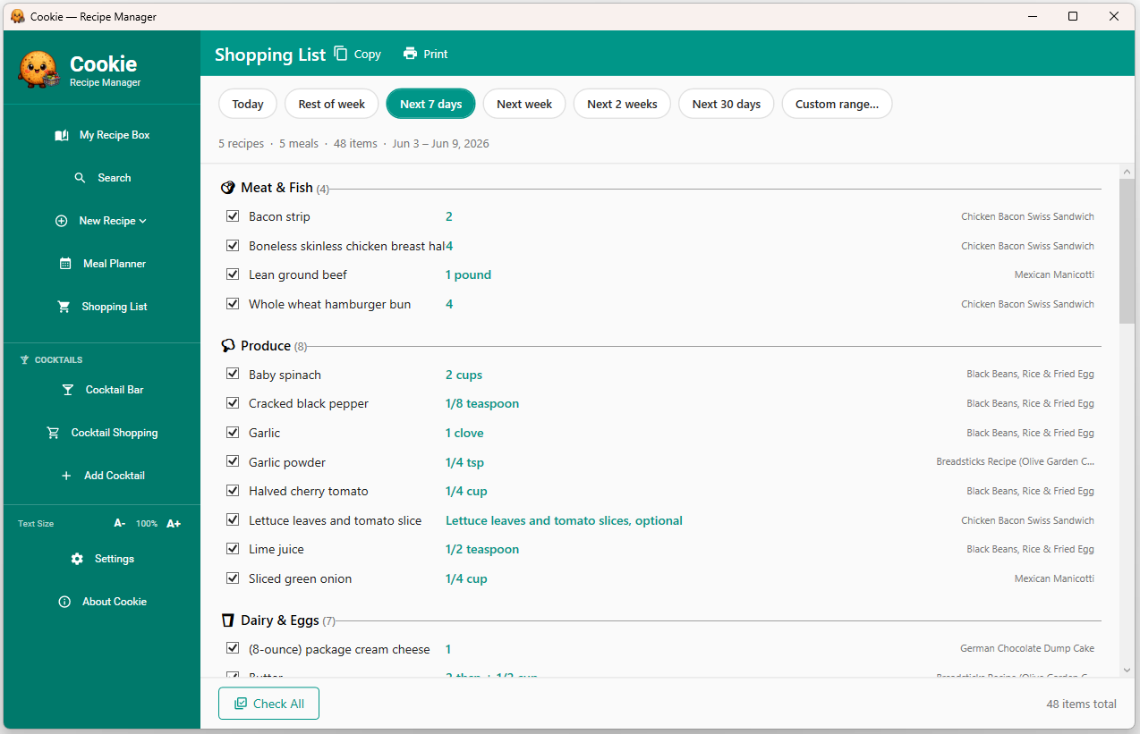 Shopping List — auto-generated, sorted by aisle